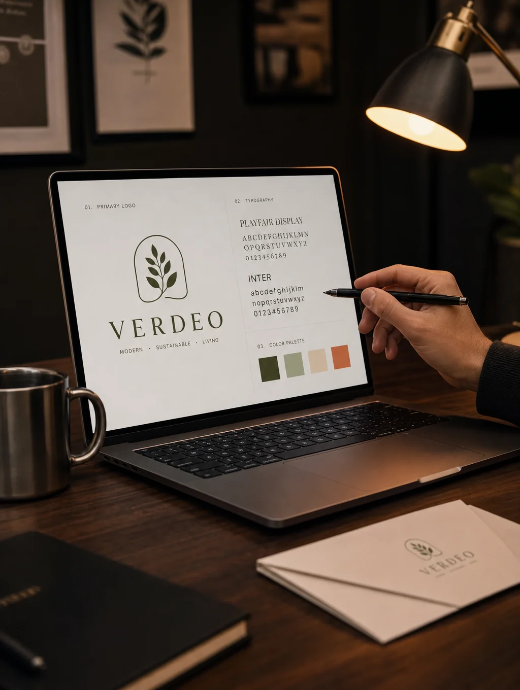 Professional brand identity assets on a workspace