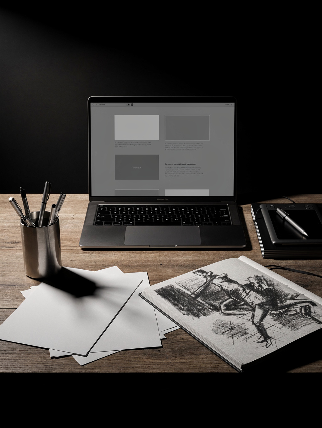Modern architectural web design wireframes on a clean desk